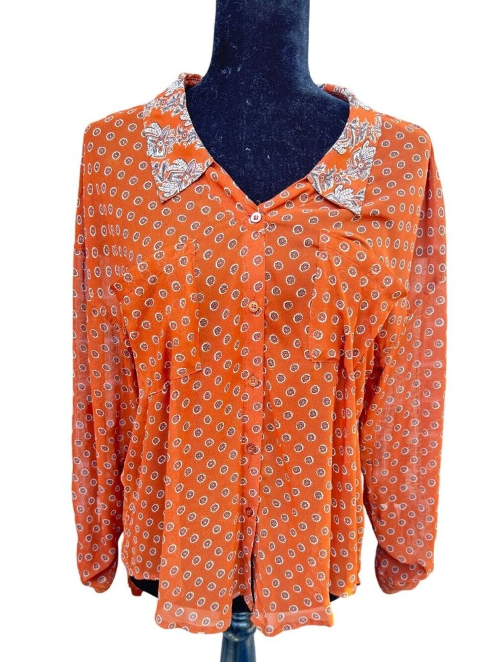 Free People Button Up Blouse Orange Floral Collar Polka Dot Women Size Small